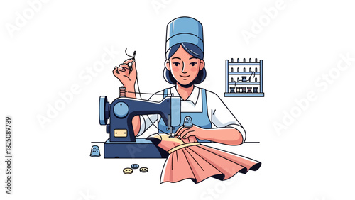 A smiling artisan sews a pink dress on a blue sewing machine, surrounded by tools