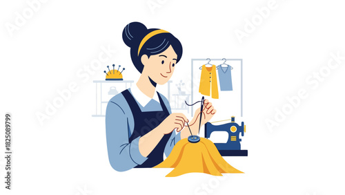 Illustration of a woman sewing. She works at a machine, clothing on hangers