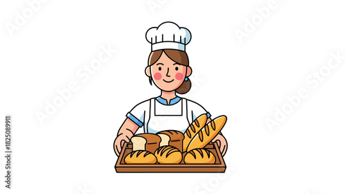 A smiling female baker in a chef's hat and apron holds a tray of various baked breads