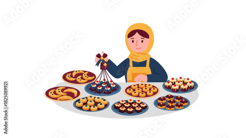 A woman in a yellow headscarf and apron presents treats on plates. Cute cartoon style