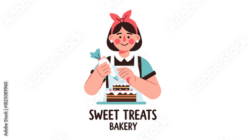 A woman in a red headband decorates a cake with frosting, a sweet treat