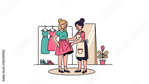 Illustration of a woman trying on a dress in a boutique, assisted by a shop attendant