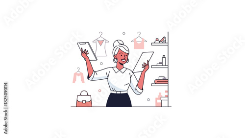 Fashion illustration of a woman in a store with shelves, hangers, and clothes