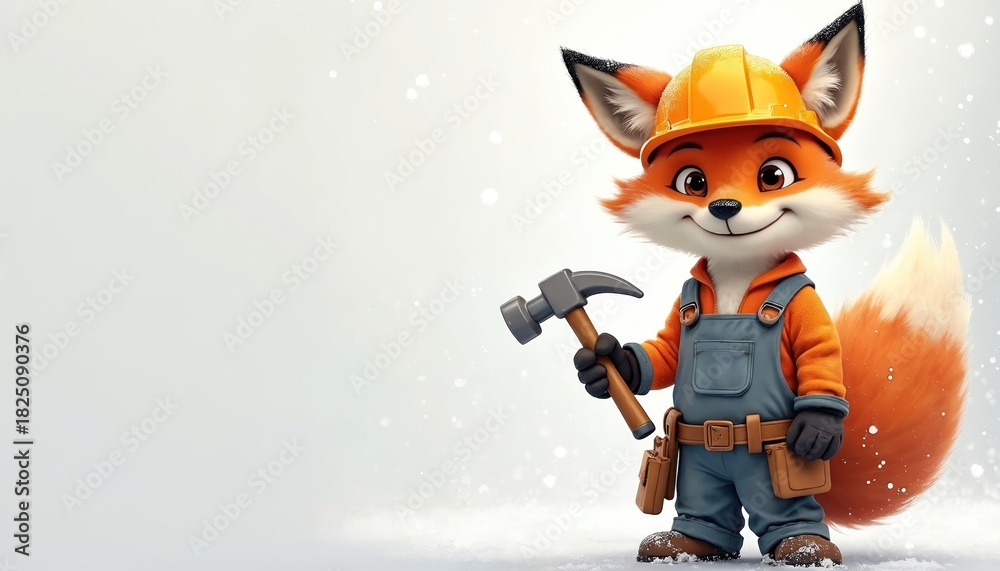 Naklejka premium Charming cartoon fox wearing orange hard hat construction worker outfit holding hammer. Friendly animal character illustration builder design on white background. Cute fox illustration.