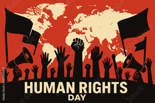 A powerful vector illustration depicting a global movement for human rights, with raised hands, flags, and megaphones