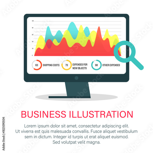 Business analytics, financial planning, data analysis, statistics, market research, decision-making. A computer monitor shows graphs and data with a magnifying glass. Business analytics and financial