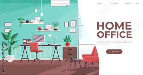 Remote work, productivity, workspace design, home decor, virtual meetings, interior planning. Stylish home office with desk, chair bookshelves and plants. Remote work and productivity inspiration