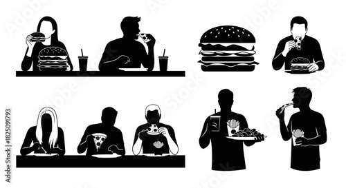 People enjoying fast food lunch, burger, pizza, and fries in modern restaurant setting