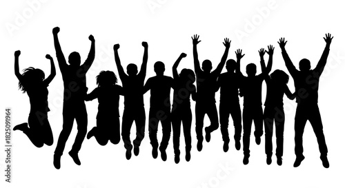 Celebrating team success, group jumping with joy, energetic teamwork and achievement