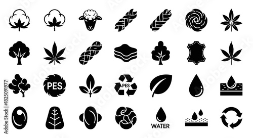 Sustainable textile icons representing fabric types and eco-friendly production methods