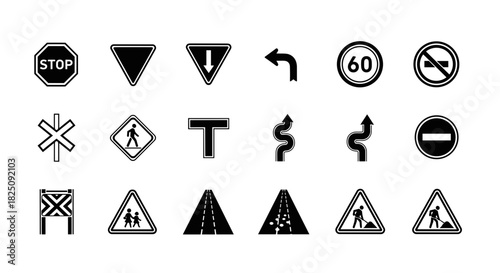 Essential black and white road signs collection for navigation and traffic safety guidance