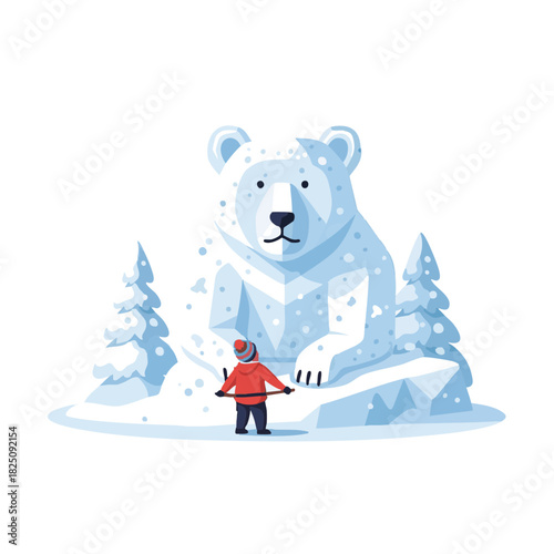 Child in red jacket admiring large snow bear sculpture in winter  