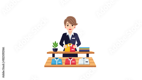 A cartoon female figure at a shop counter, presenting shirts for sale. Includes shelving, plant