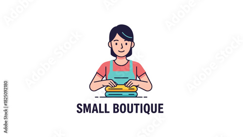 A woman in an apron folds clothes, stylized logo with text below