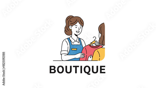 A woman in an apron is assisting a customer by holding up a red shirt on a hanger