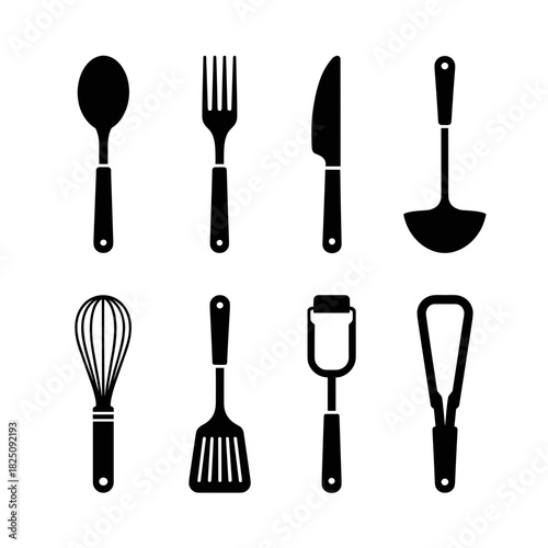 Vector icons of kitchen utensils including spoon, fork, knife, and spatula

