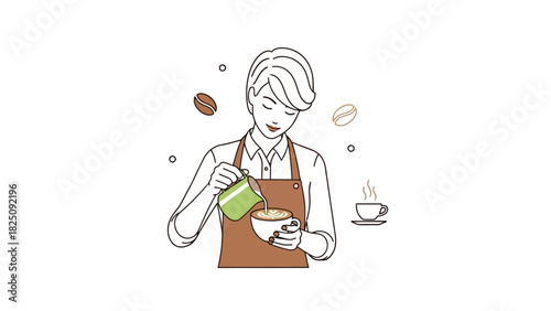 A barista pouring milk into a cup of coffee. Illustration with beans and steam