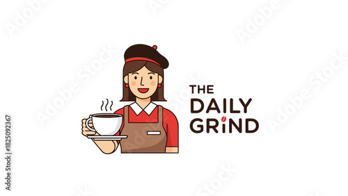 A smiling barista holds a steaming coffee cup, with text to the right. White background