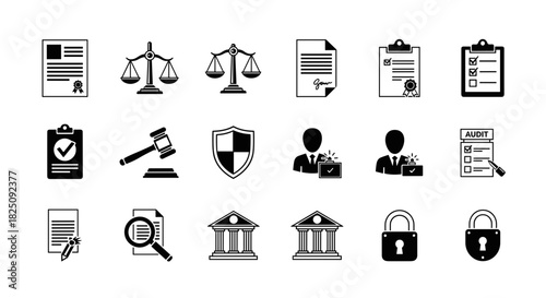 Legal compliance icons representing law, justice, and security for business documents