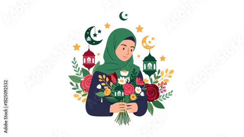 Illustration of a woman in hijab holding flowers surrounded by lanterns, stars, and crescent moons