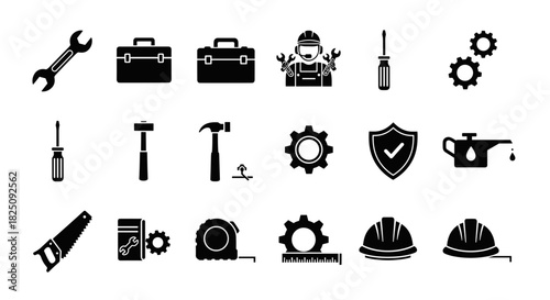 Essential construction and repair tools icon set for professional tradespeople projects