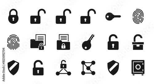 Secure data icons for web and app design: Lock, key, fingerprint, files and security shield