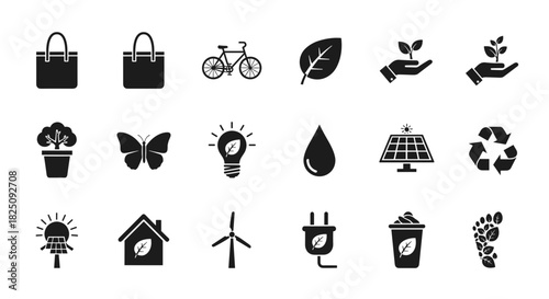 Eco friendly lifestyle icons for sustainable living and zero waste lifestyle choices