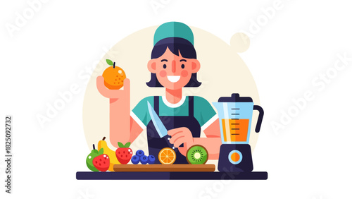 A cartoon chef prepares fruit on a cutting board, alongside a blender, readying for a smoothie