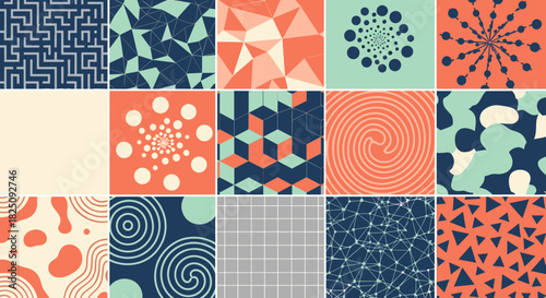 Collection of modern geometric patterns for backgrounds and textile designs, seamless repeat