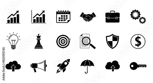 Essential business strategy icons set for modern marketing and professional success