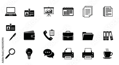 Essential business office icons for modern professional workspace and management tasks