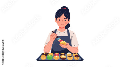 A smiling person is decorating a baked good, with many decorated goods on a tray
