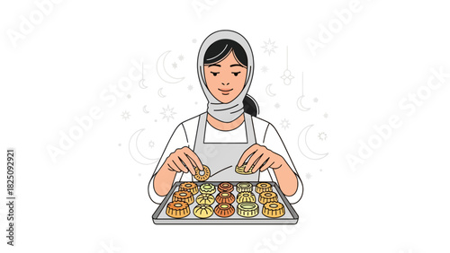 Illustration of a woman in a headscarf arranging pastries on a tray, with crescent and star motifs