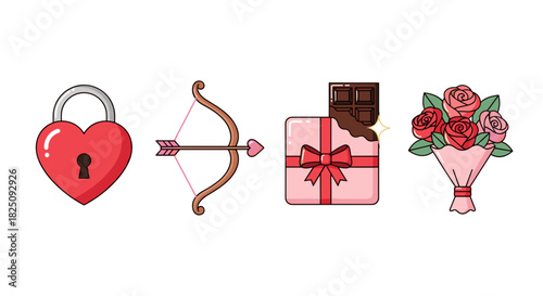 Charming Valentine's Day icons: Heart lock, Cupid's bow, chocolate, and rose bouquet