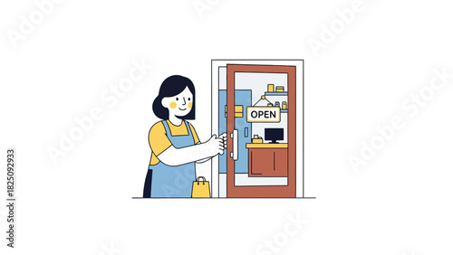 A smiling woman wearing an apron, opening a shop door with an "OPEN" sign