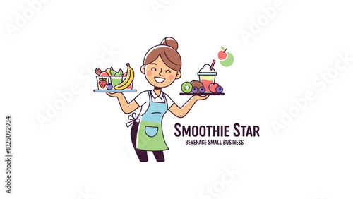 A smiling woman, with a bun, wearing an apron, carries trays of fruit, smoothies, and drinks