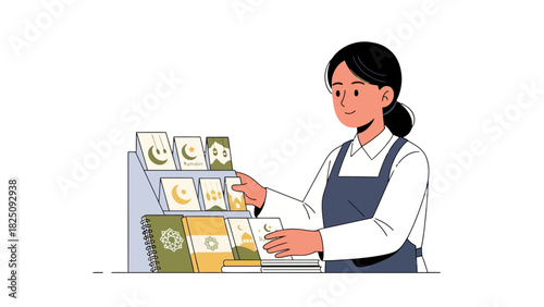 An illustration of a person arranging greeting cards on a display shelf. The person is smiling