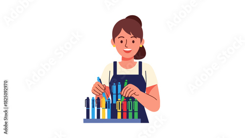 An illustration of a woman wearing an apron arranging colorful pens on a shelf