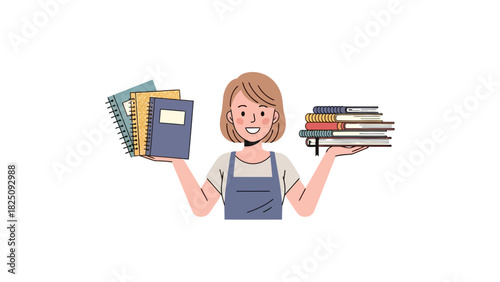 A smiling person in an apron holds books and notebooks in both hands, on a white background