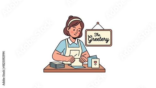 A woman in an apron is making cards at a table with a sign that says "The Greeter