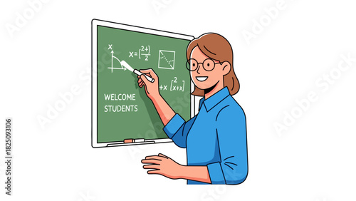 A smiling woman with glasses, in a blue shirt, points at a math equation on a green chalkboard