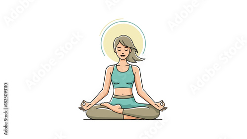 A pixelated illustration of a woman in yoga pose, in meditation, with a halo