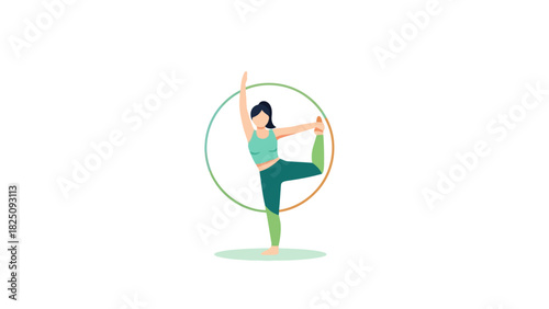 A woman in athletic wear poses in a yoga stance, surrounded by a ring