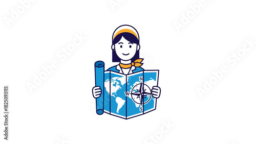 A cartoon woman in a scarf holds a map showing a compass and rolled-up map