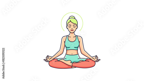 Pixelated artwork depicts a woman in lotus pose meditating, halo above head, serene expression
