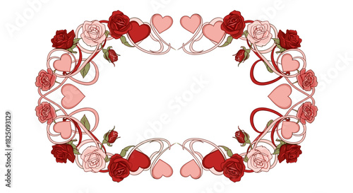 Elegant floral frame with roses and hearts, perfect for romantic occasions and celebrations