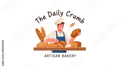 A cartoon-style illustration of a baker surrounded by various freshly baked bread and pastries