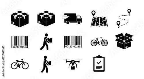 Modern delivery methods icons showcasing package tracking, route map, and fast shipping