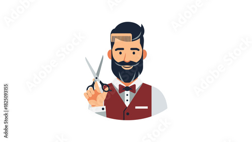 A cartoon barber, with dark hair and beard, holds scissors.  He wears a vest and bow tie
