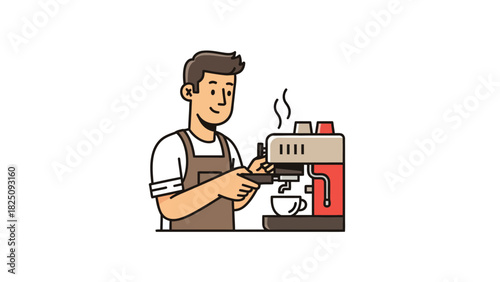 A smiling barista, wearing an apron, making coffee with an espresso machine